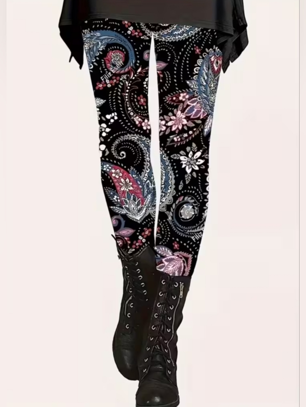 Paisley Print High Rise Leggings in Black, Blue & Pink Sixe 1X